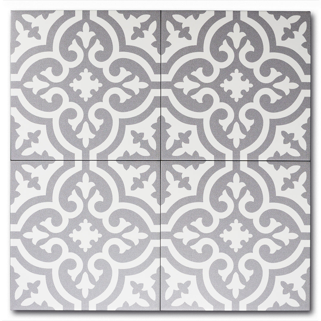 Fleur Greyscale classic matte porcelain decorative pattern tile for residential and commercial bathroom and kitchen floor and wall imported from Portugal, Kerion Décor Classic E Titane available from TilesInspired Canada's Online Tile Store delivering across Ontario and Quebec, including Toronto, Montreal, Ottawa, London, Windsor, Kitchener, Muskoka, Barrie, Kingston, Hamilton, and Niagara renovation idea