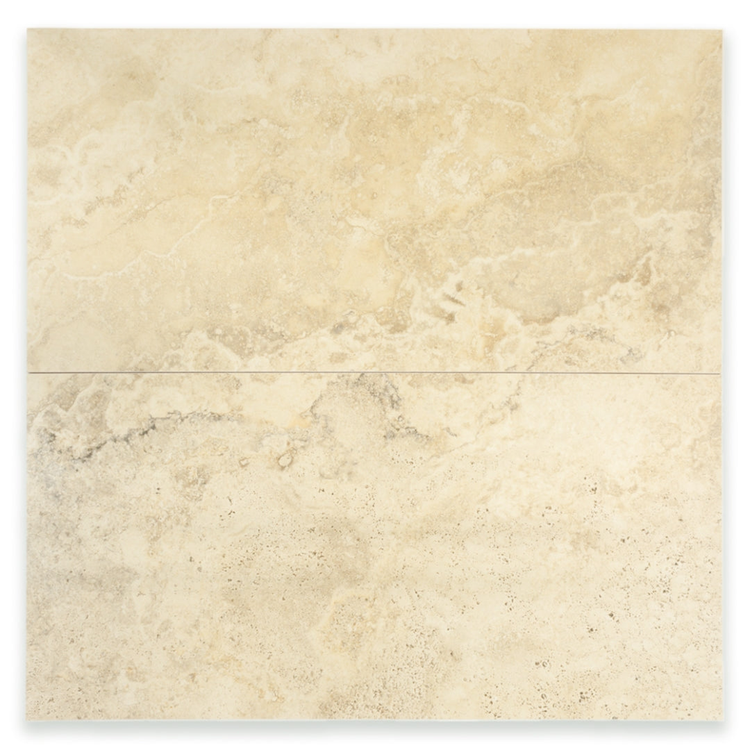 Ariel view of two large rectangular tile that resembles travertine stone in light warm beige. 