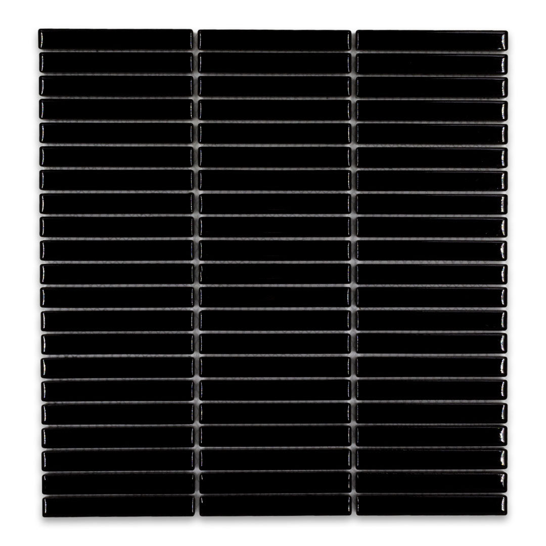 Ariel view of a single sheet of mini kitkat stacked mosaic tiles in deep black glossy. The sizing is 3/8' x 3-5/8" per tile, 10.5" X 12" per sheet