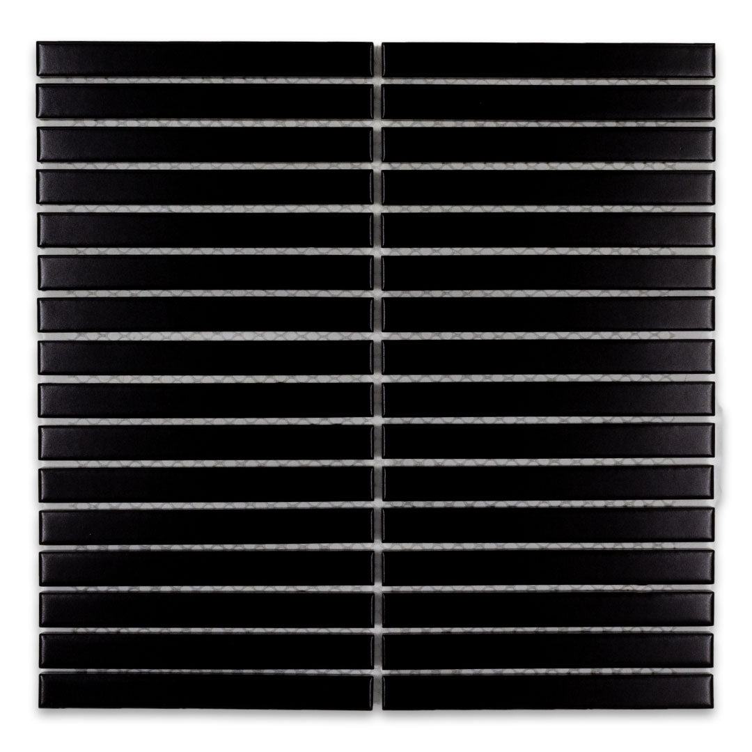 Ariel view of a single sheet of kitkat stacked mosaic tiles in matte true black. The sizing is 5/8' x 5-5/8" per tile, 11" X 12" per sheet