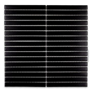 Ariel view of a single sheet of kitkat stacked mosaic tiles in matte true black. The sizing is 5/8' x 5-5/8" per tile, 11" X 12" per sheet