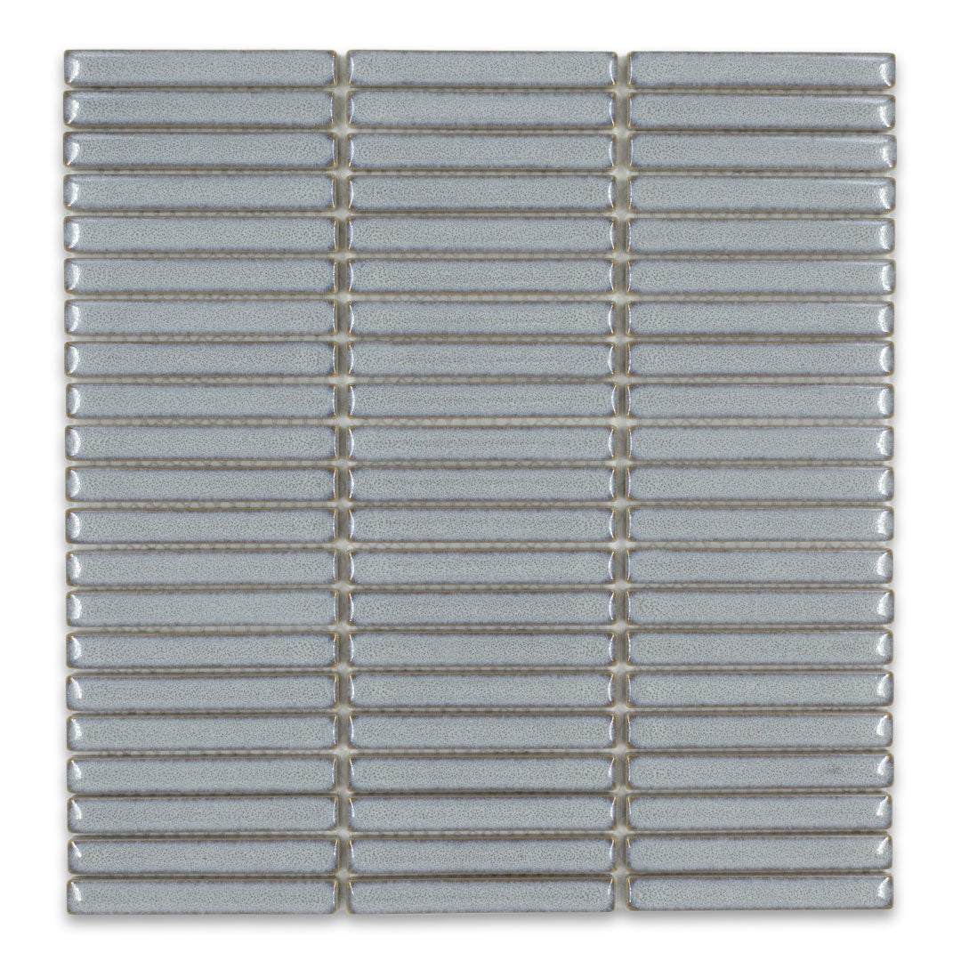 Ariel view of a single sheet of mini kitkat stacked mosaic tiles in blue glossy. The sizing is 3/8' x 3-5/8" per tile, 10.5" X 12" per sheet