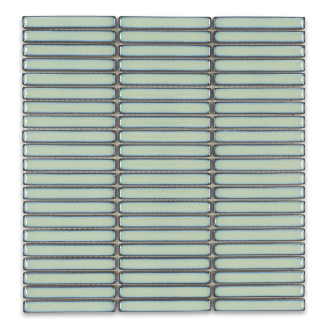 Ariel view of a single sheet of mini kitkat stacked mosaic tiles in green glossy. The sizing is 3/8' x 3-5/8" per tile, 10.5" X 12" per sheet