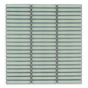 Ariel view of a single sheet of mini kitkat stacked mosaic tiles in green glossy. The sizing is 3/8' x 3-5/8" per tile, 10.5" X 12" per sheet