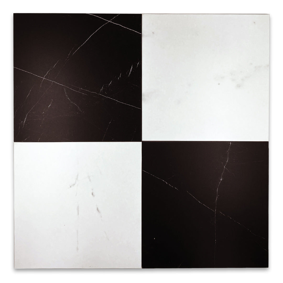 Ariel view of 2 black and 2 white maison luxury marble look tiles laid out in a checker combination. 