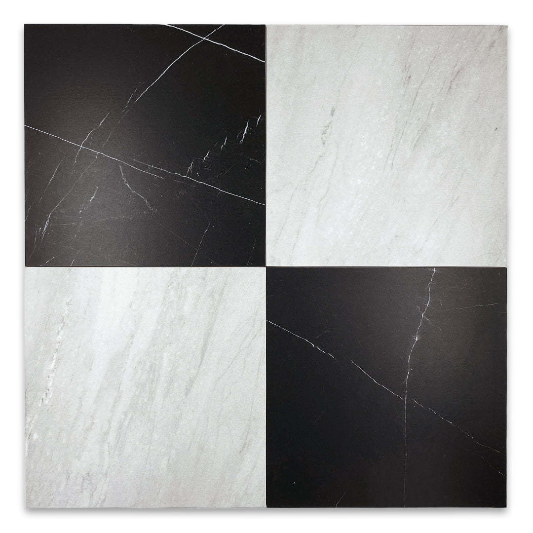 Ariel view of 2 black and 2 grey maison luxury marble look tiles laid out in a checker combination. 
