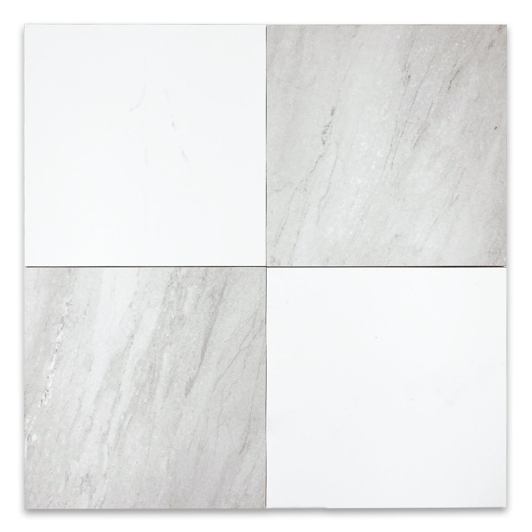 Ariel view of 2 grey and 2 white maison luxury marble look tiles laid out in a checker combination. 