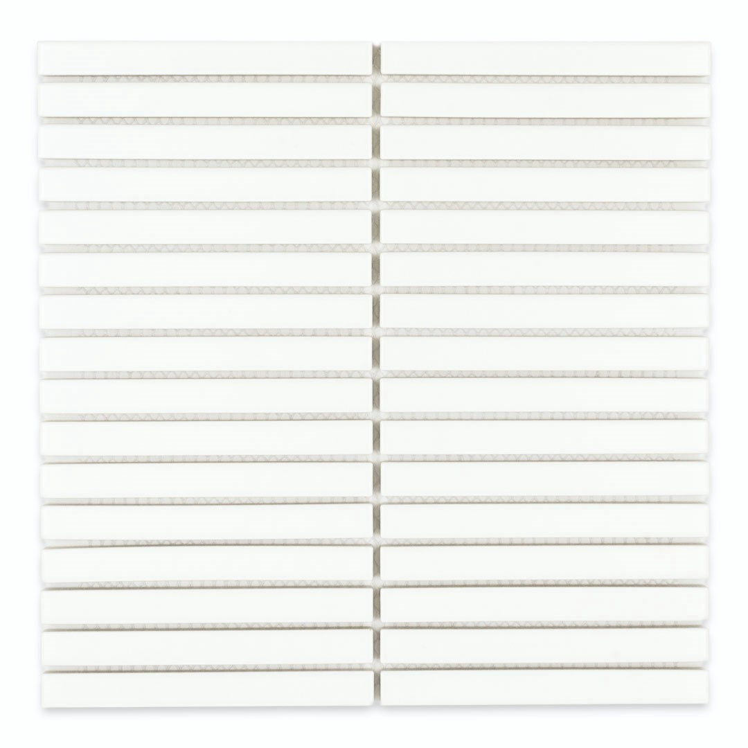Ariel view of a single sheet of kitkat stacked mosaic tiles in matte bright white. The sizing is 5/8' x 5-5/8" per tile, 11" X 12" per sheet