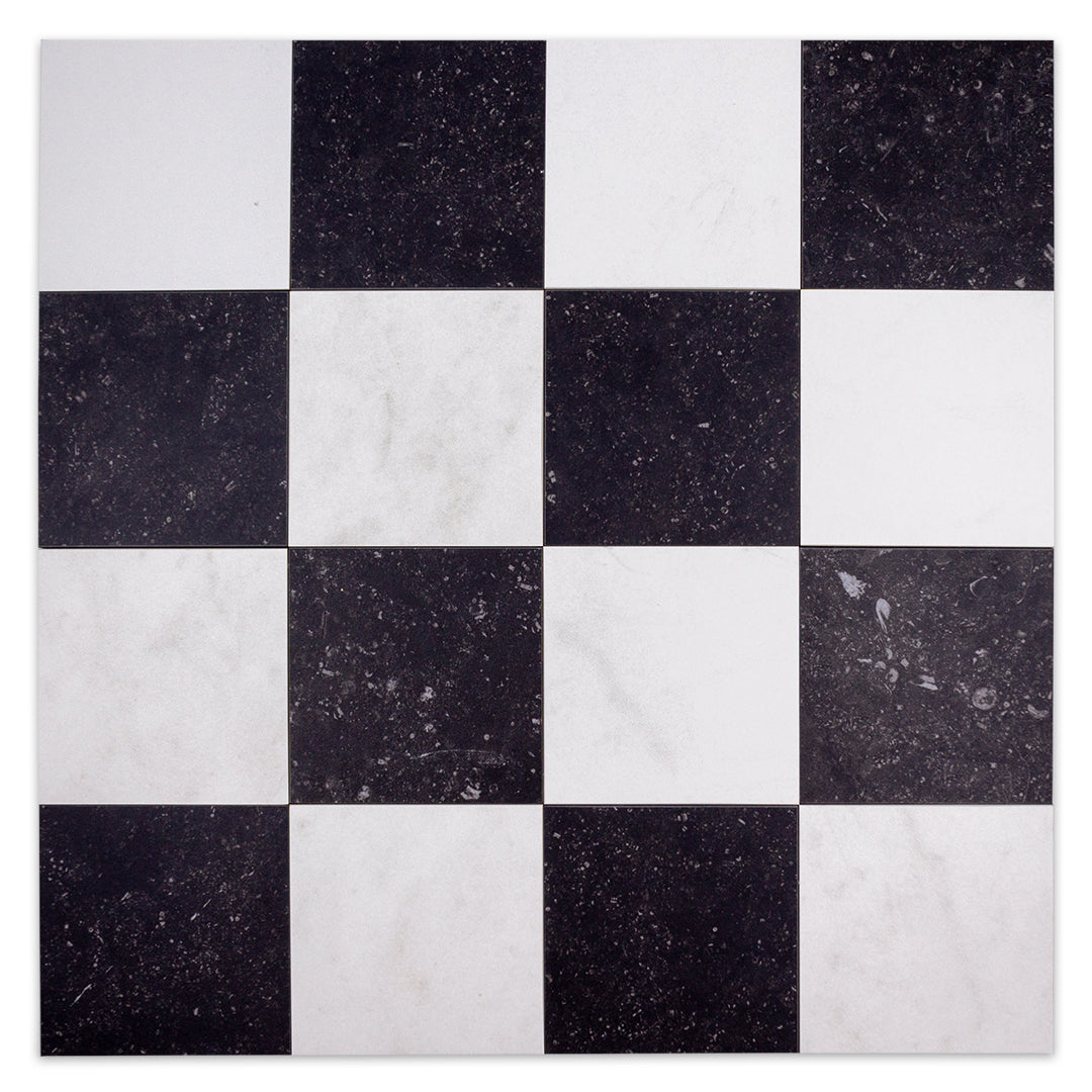 Ariel view of 16 marble stone look black and white tiles in a checkerboard pattern. 