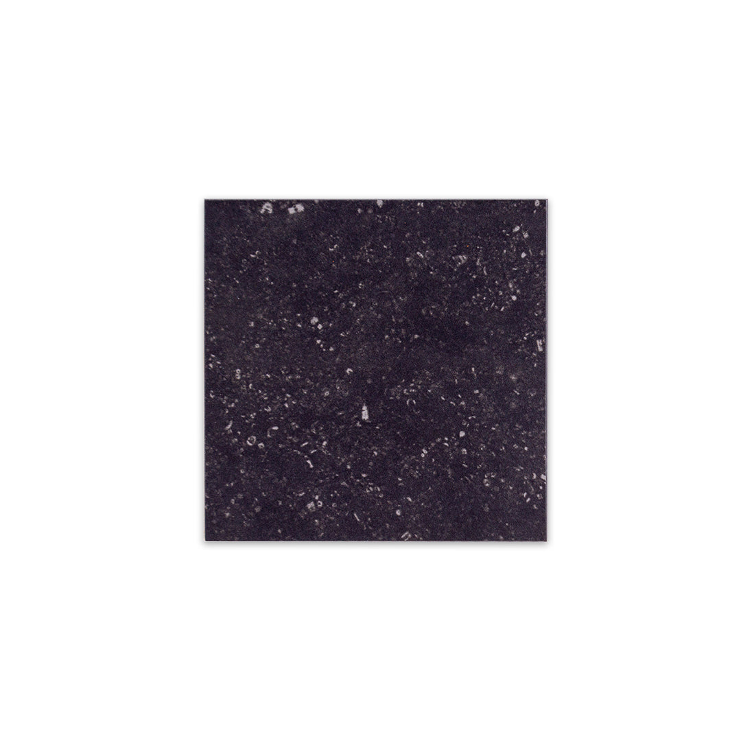 Ariel view of a single 5x5 black marble speckled tile. 