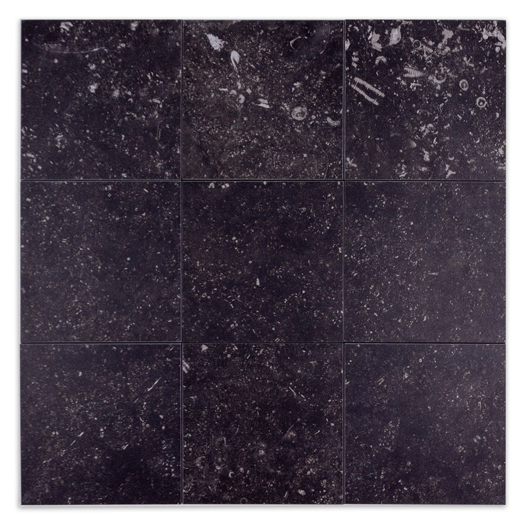 Ariel view of nine 5x5 black speckled stone look tiles with a random pattern and matte finish. 