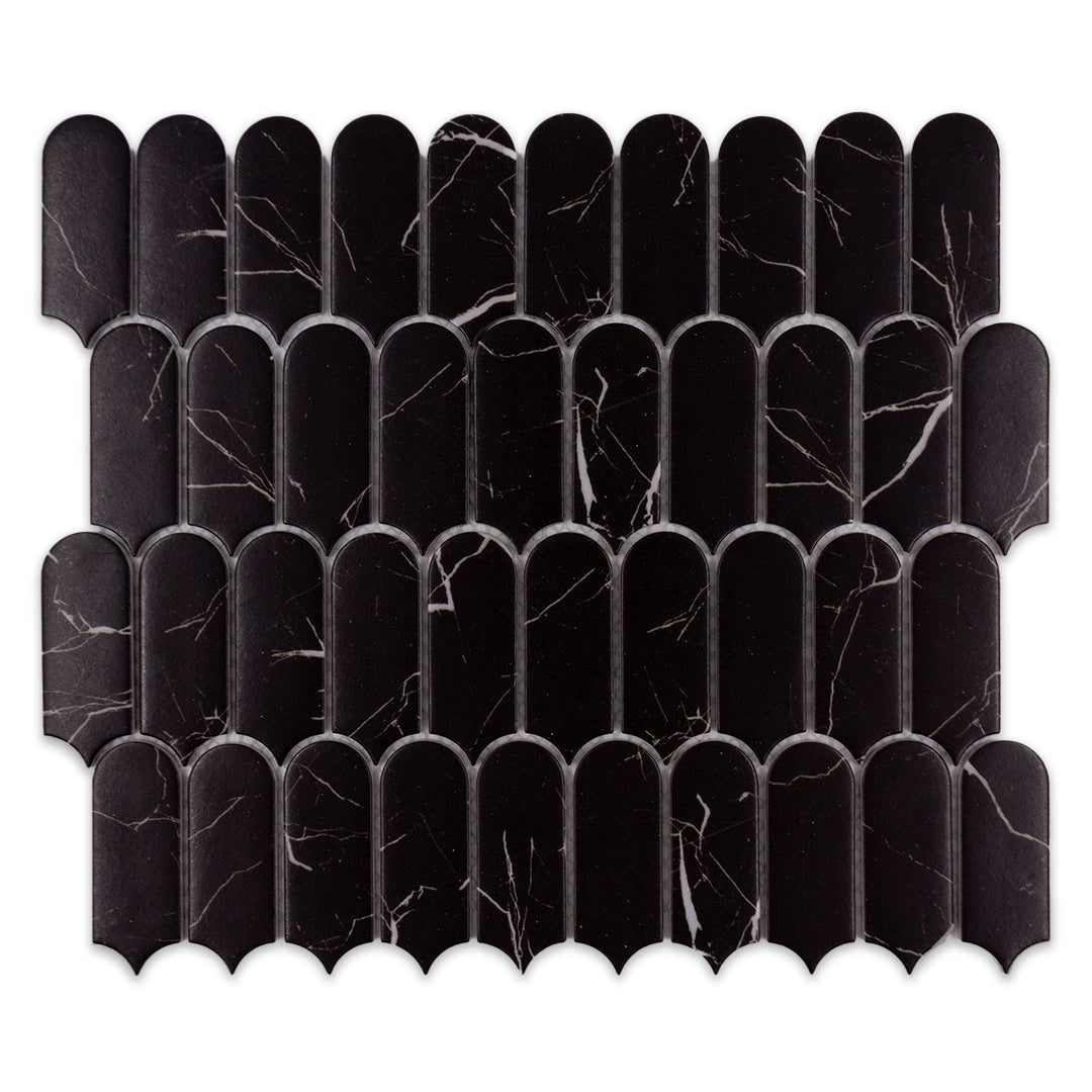 Ariel view of a black marquina marble look feather scallop mosaic sheet tile to show the pattern and finish. 