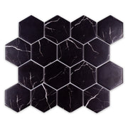 ariel view of 3 inch hexagon recycled glass marble look black mosaic tile