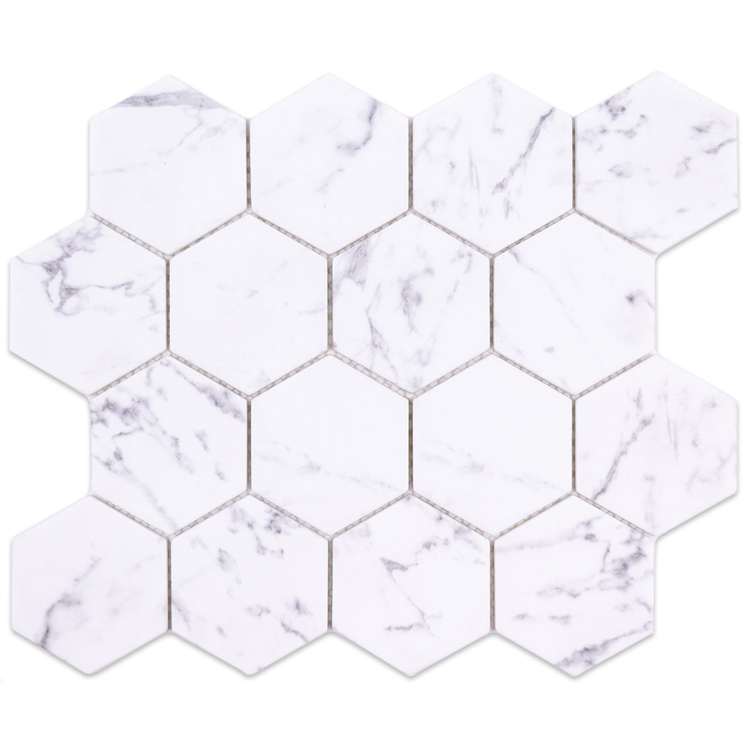 3 inch hexagon Carrara look recycled glass mosaic tiles. 