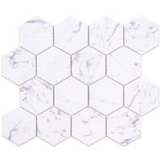3 inch hexagon Carrara look recycled glass mosaic tiles. 