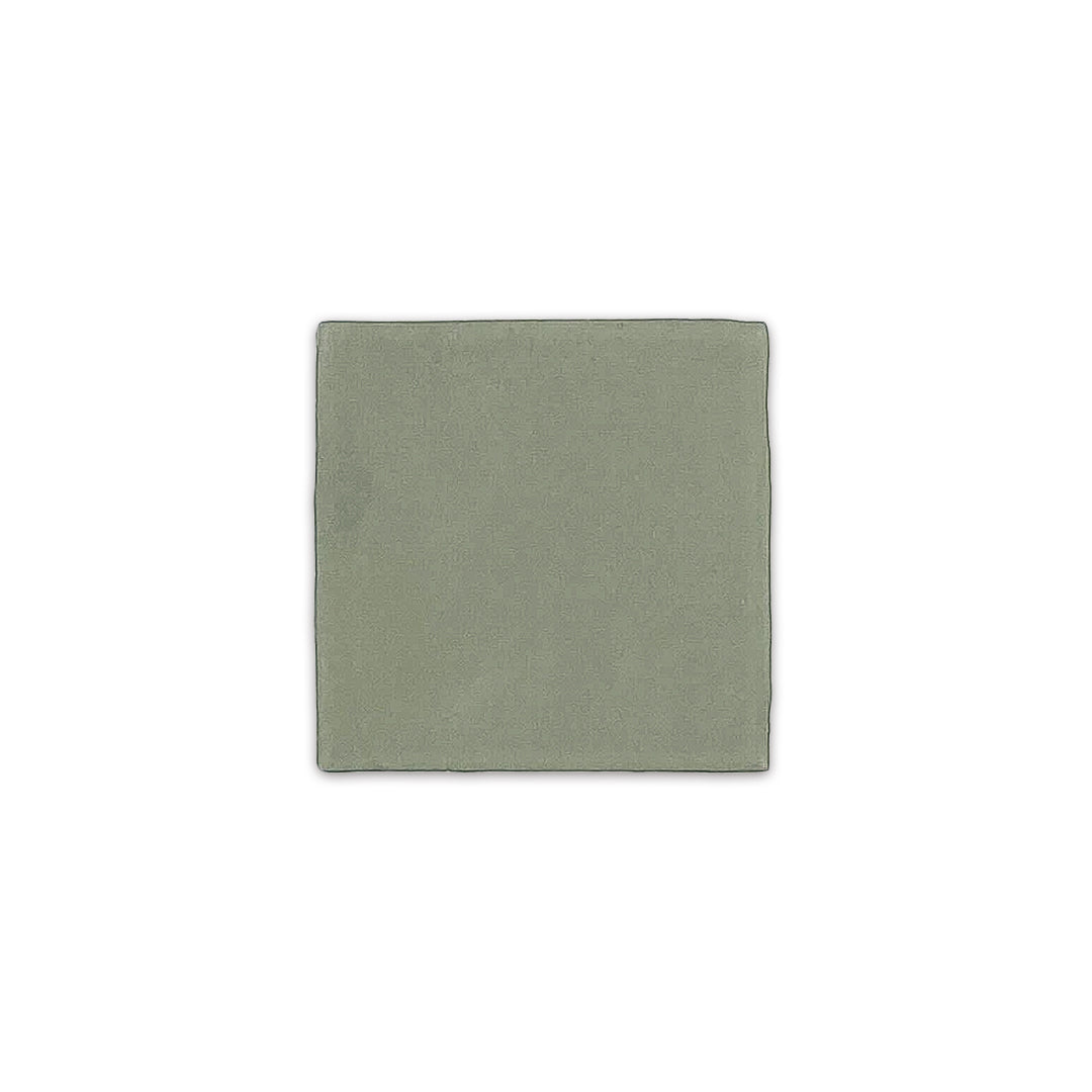 A single 4x4 satin zellige tile named hearth olive green. they have a handmade look, tumbled edge, a subtle colour variation