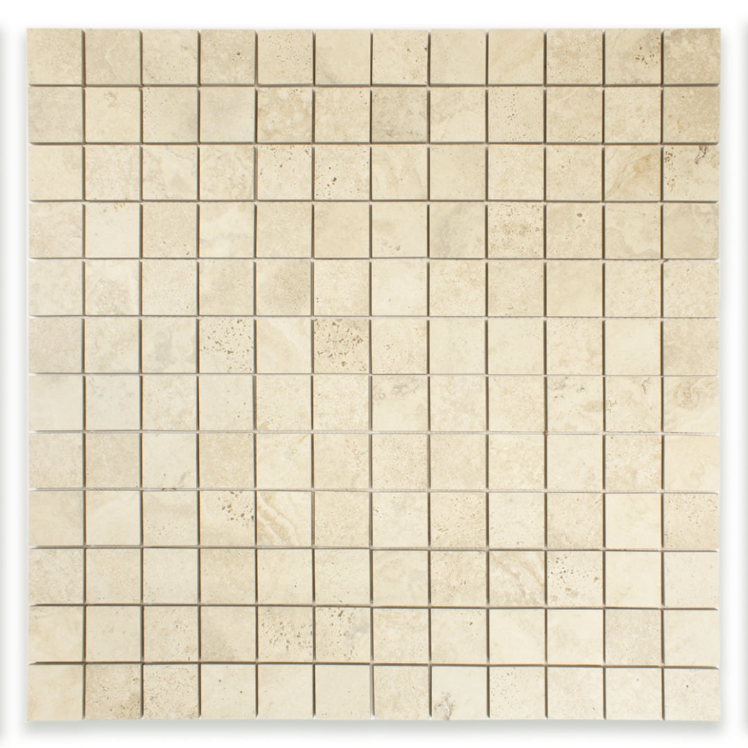 Ariel view of a 2x2 square mosaic sheet tile that resembles travertine stone in beige. 