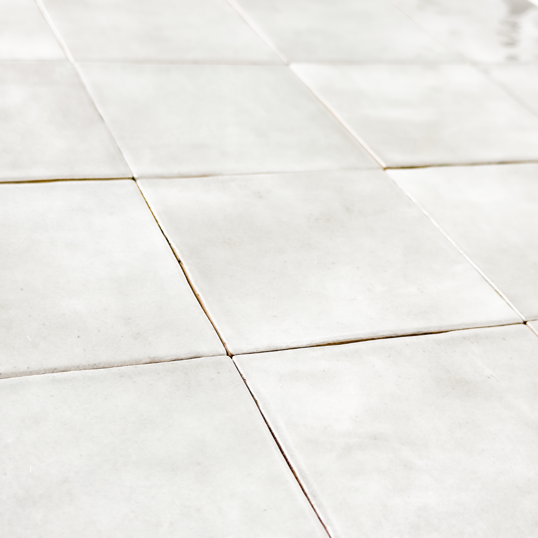 Angled close up view of glossy 4x4 textured grey tiles showing the colour and texture. 