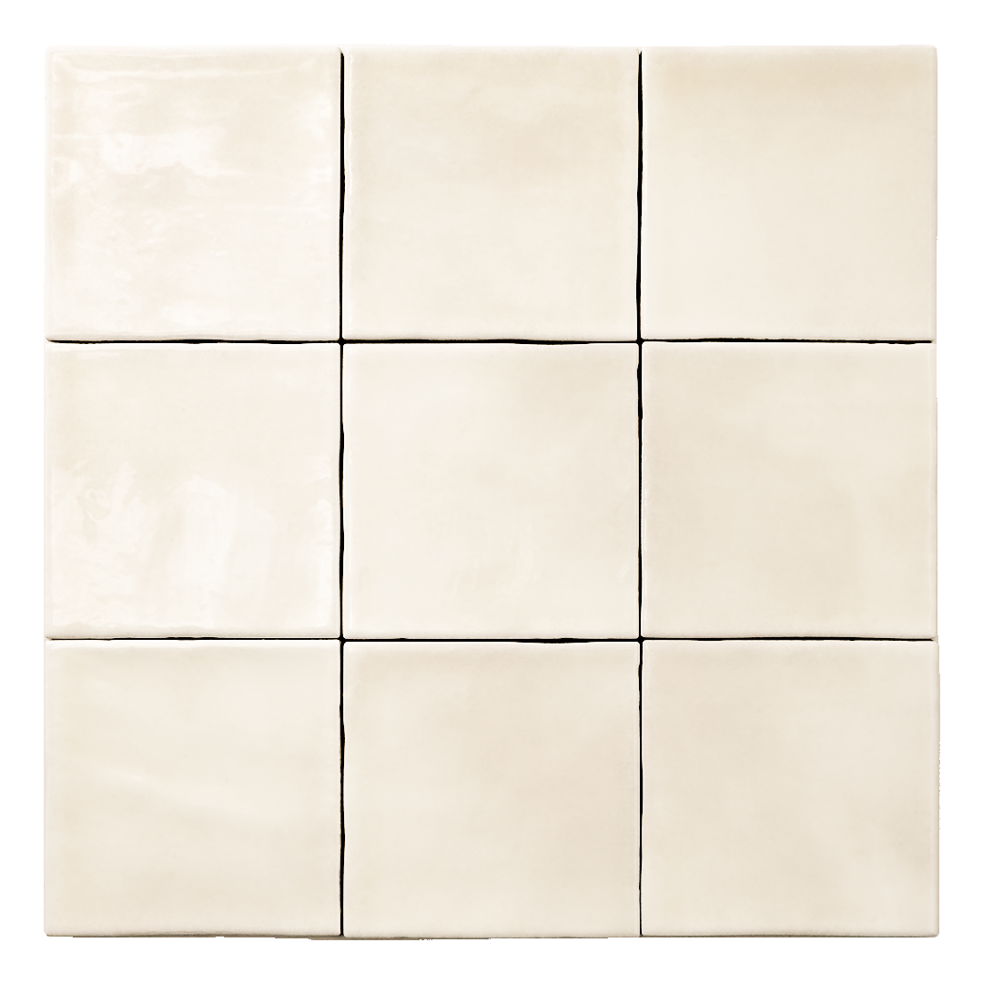 Ariel view of nine glossy 4x4 textured ivory tiles showing the colour and texture. 