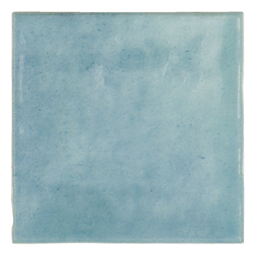 Ariel view of a single glossy 4x4 textured light denim blue tile showing the colour and texture. 