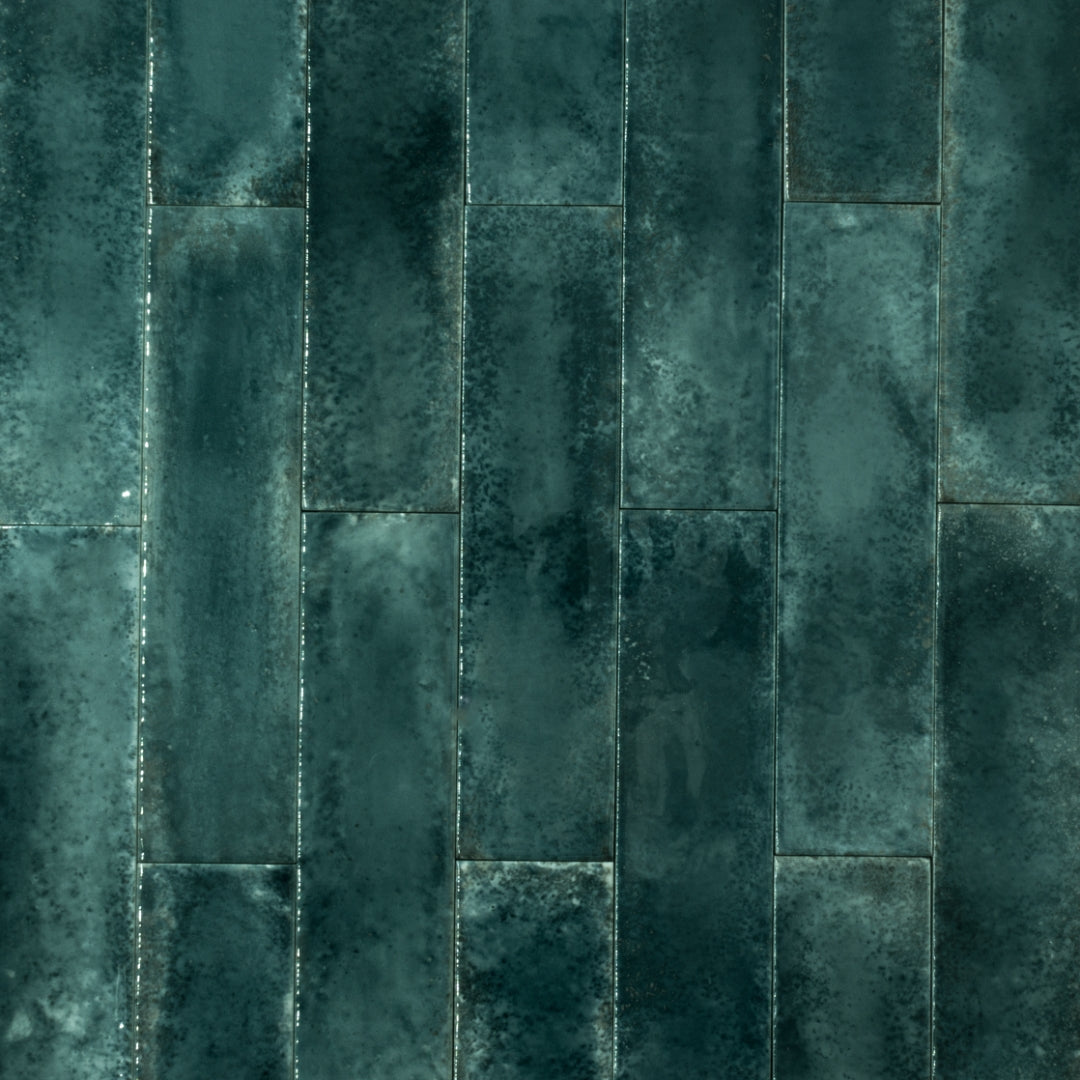 Ariel view of 2x9 green glossy tiles in a brick layout