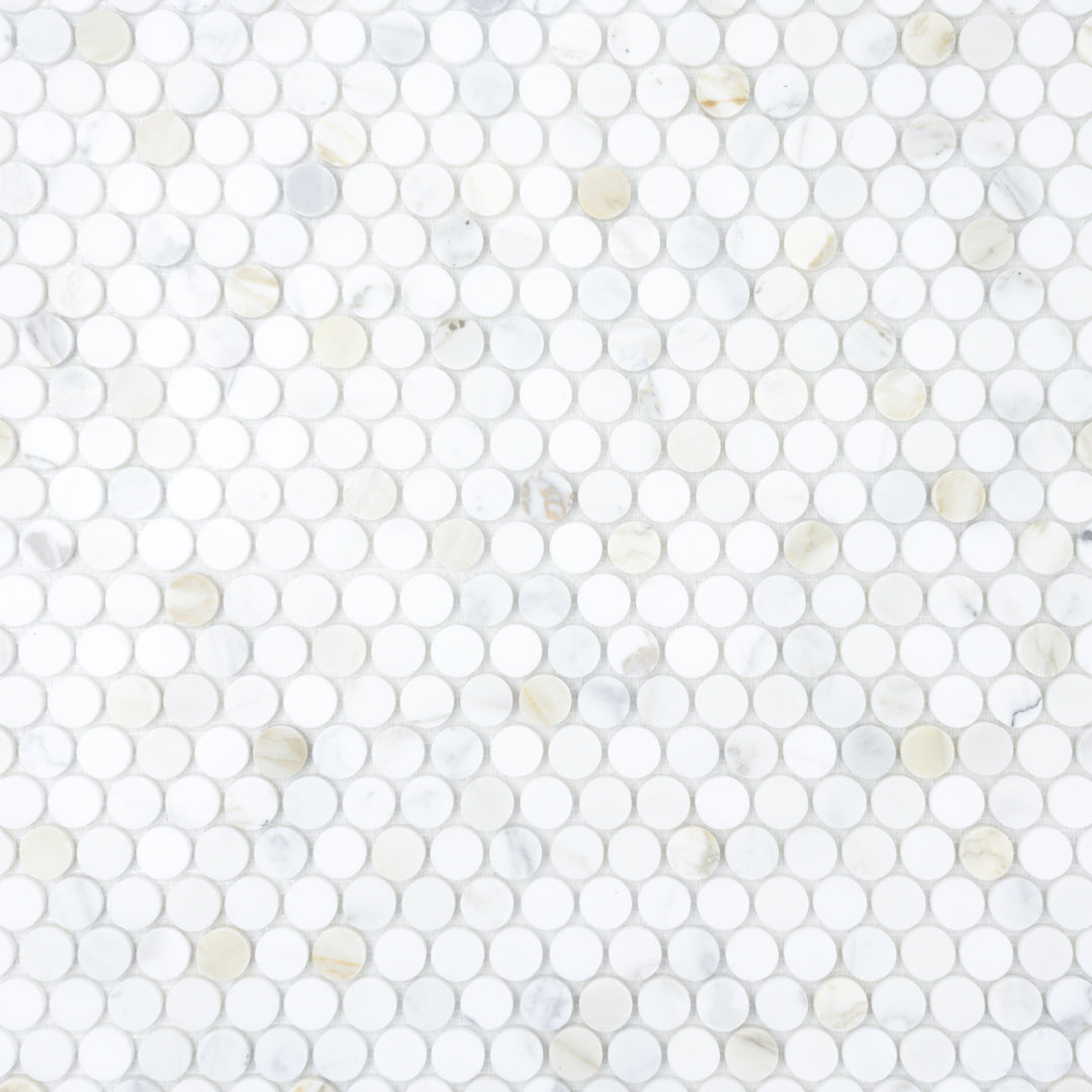 ariel view of a natural marble 1 inch calacatta penny tile