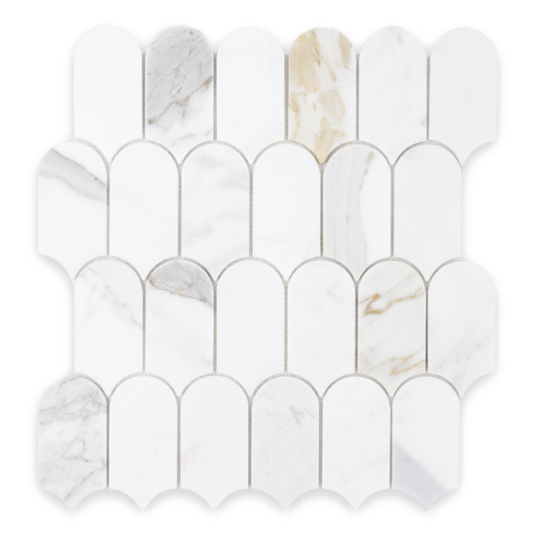 sample photo of the calacatta gold feather mosaic, it is a natural stone marble