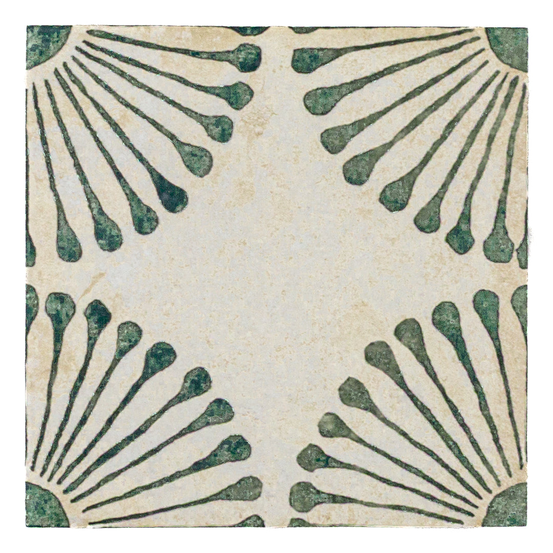 Miramar is a grey and green sand dollar  flower circle pattern 8x8 tile. 