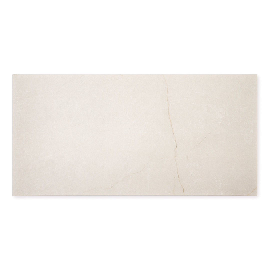 Ariel view a of a single 12x24 creamy white avorio marble look tiles with thin veining. 