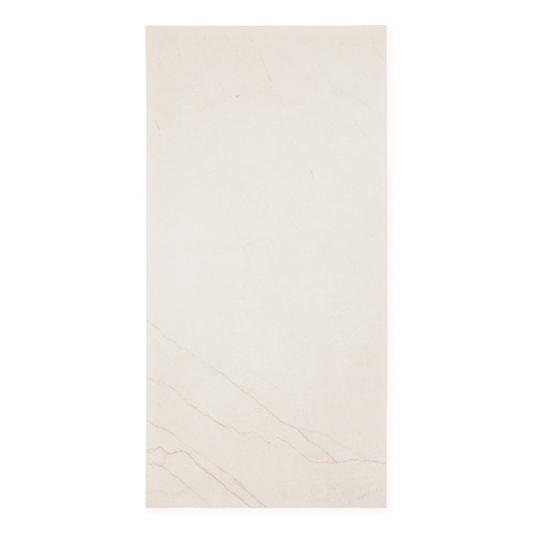 Ariel view of a single 24x48 marble look cream warm white avorio tile with thin gold veining 