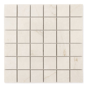 Ariel view of a 2x2 square sheet mosaic tile that is a cream avorio marble look with thin fine beige veining and matte finish