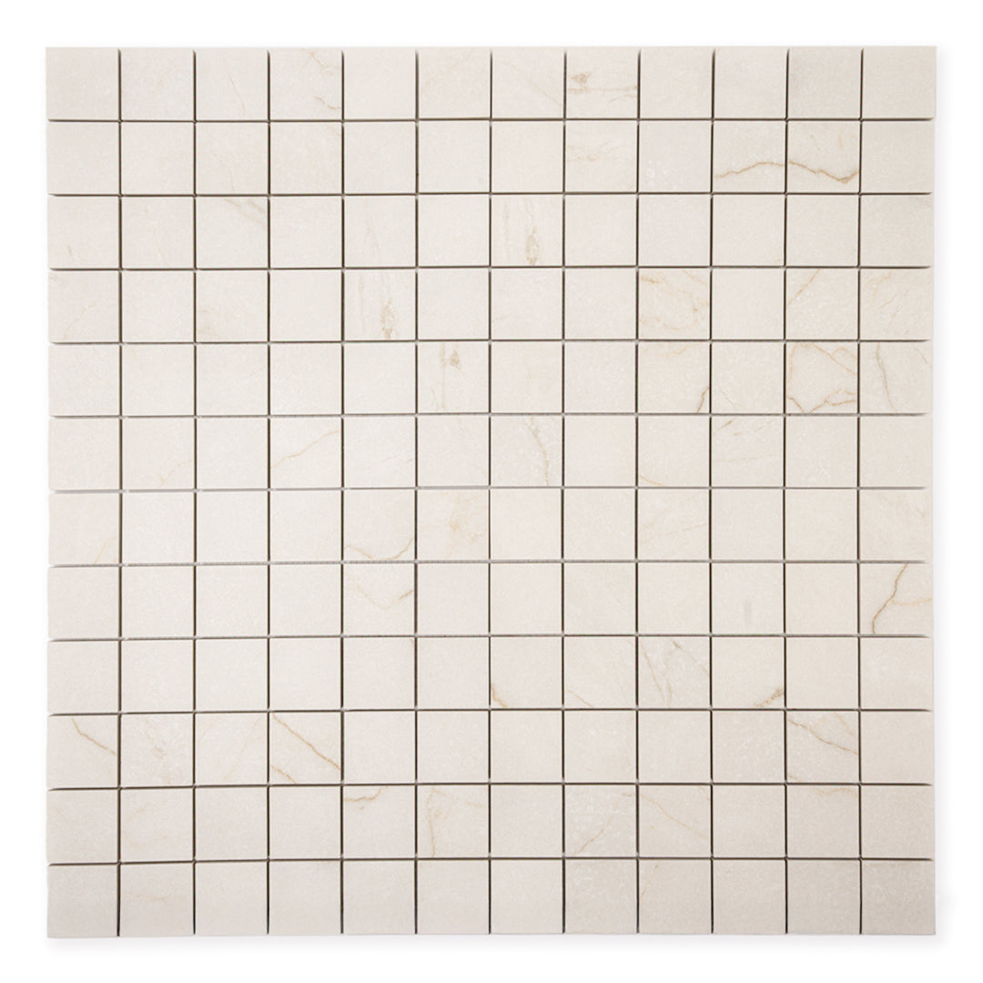 Ariel view of a 2x2 square sheet mosaic tile that is a cream avorio matte marble look with thin beige veining