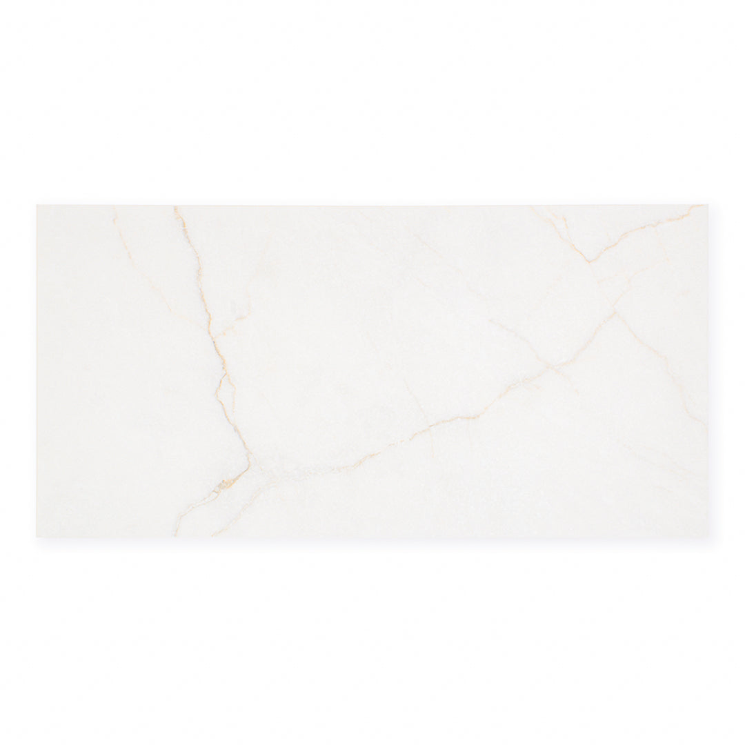 Ariel view of a 12x24 sanctuary bianco marble look white tiles with fine grey veining 