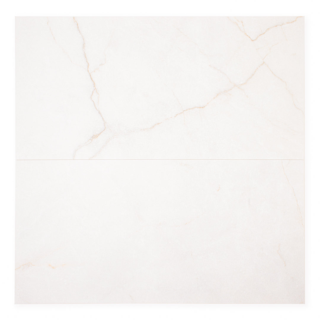 Ariel view of a 12x24 sanctuary bianco marble look white tiles with fine grey veining 