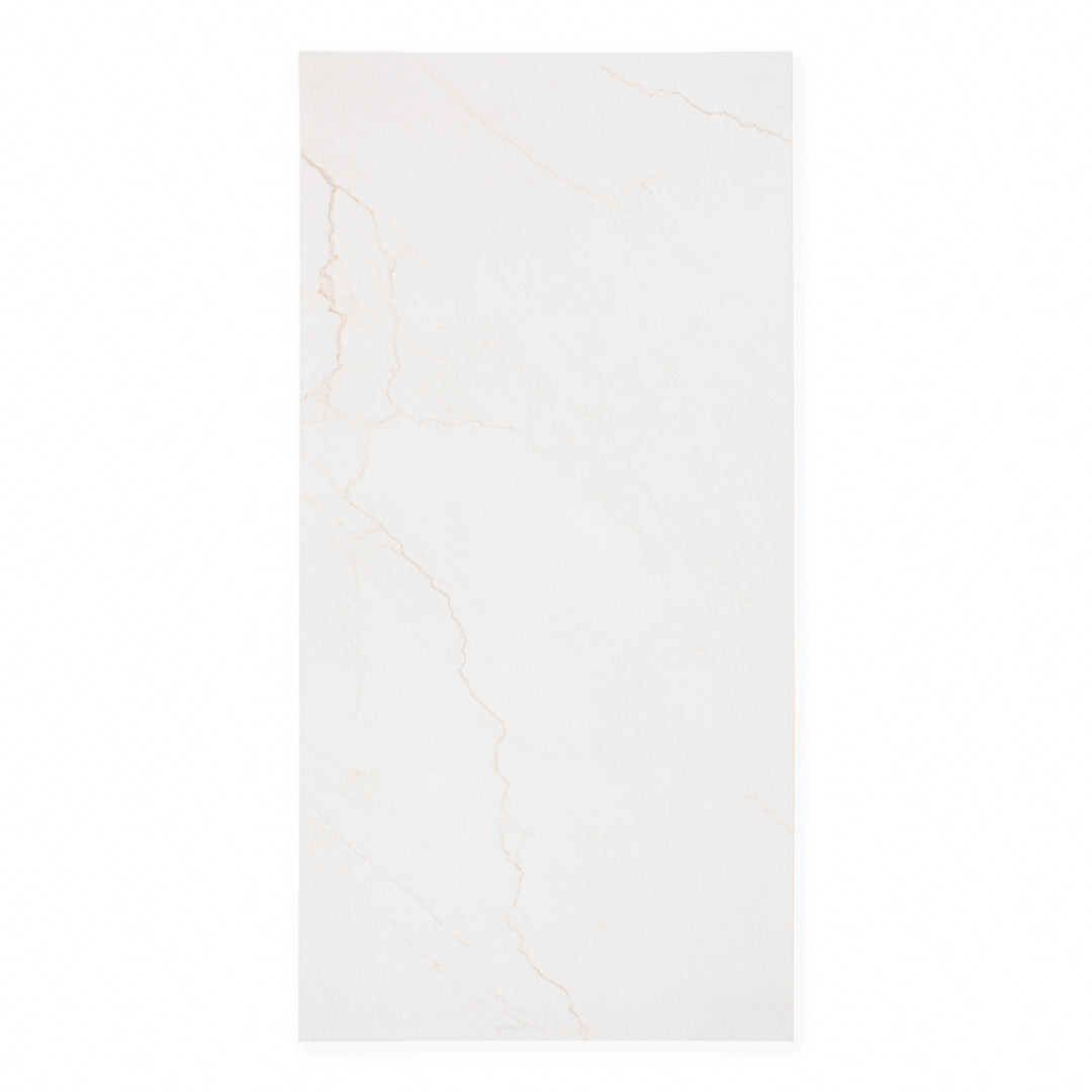 Ariel view of a single 24x48 marble look bianco white tile with thin grey veining 