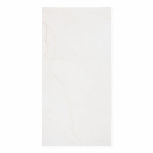 Ariel view of a single 24x48 marble look bianco white tile with thin grey veining 