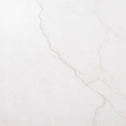 A close up view of a 24x48 marble look bianco white tile with thin grey veining 