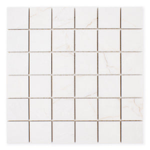 Ariel view of a 2x2 square sheet mosaic tile that is a white bianco matte marble look with thin grey veining. 