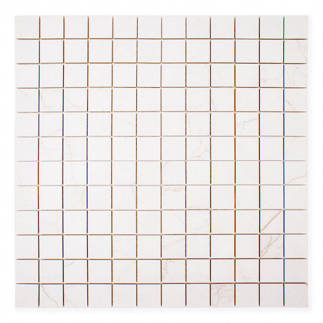 Ariel view of a 2x2 square sheet mosaic tile that is a white bianco matte marble look with thin grey veining. 