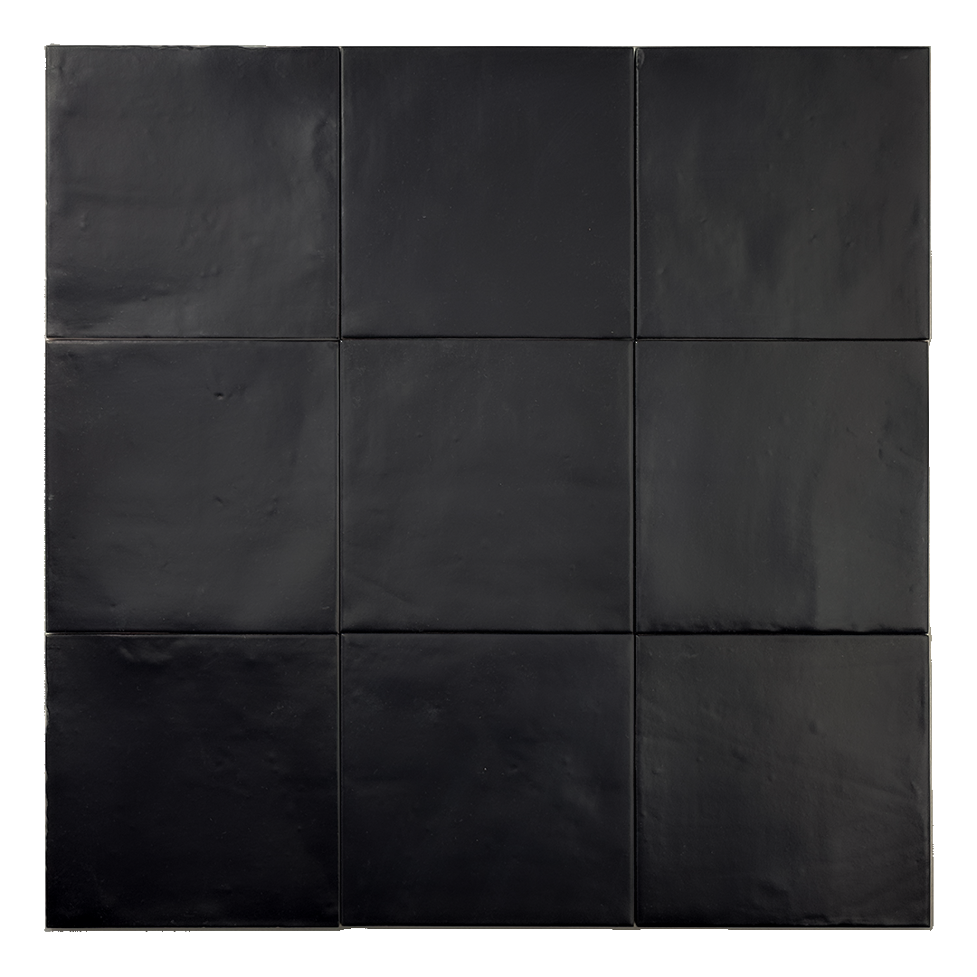 Ariel view of a group of matte 5x5 textured carbon black tiles showing the textured edges. 