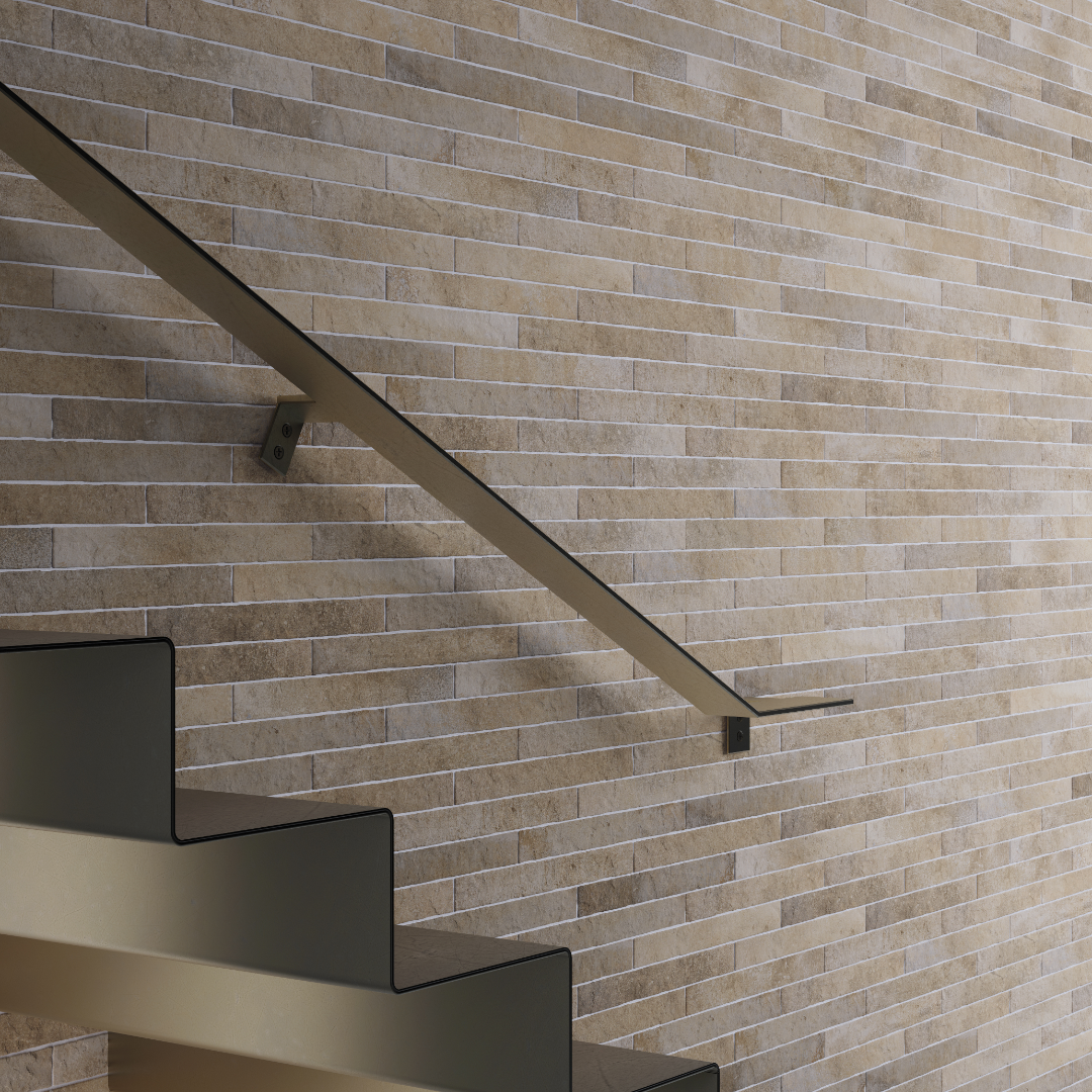Modern staircase with a tiled wall. The tiles are beige  2x18 brick look tiles in a horizontal brick pattern. Showing the texture, colour variance and finish of the tiles.