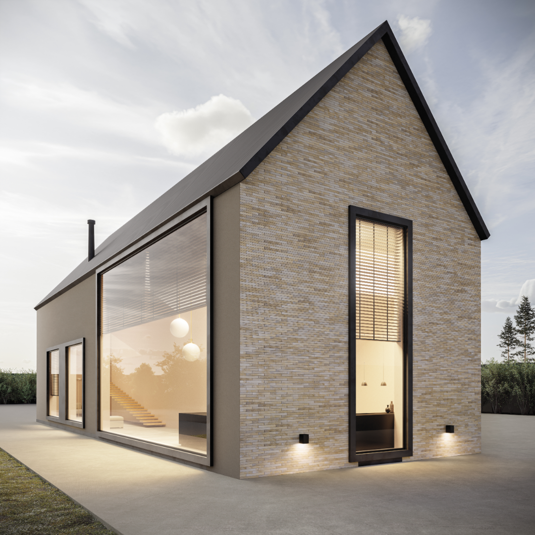 A modern exterior home or cabin with black trim and a tiled front exterior. The tiles are beige  2x18 brick look tiles in a horizontal brick pattern. Showing the texture, colour variance and finish of the tiles.