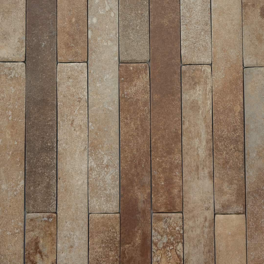Ariel view of terracotta brown 2x18 brick look tiles laid in a vertical brick pattern. Showing colour variance, texture and the finish. 