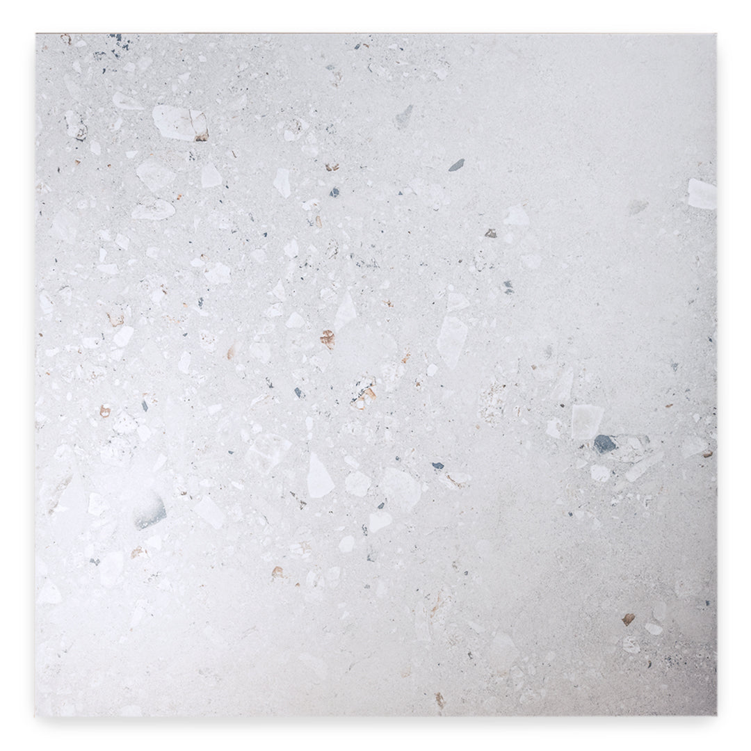 a single 36x36 light grey oasis pearl terrazzo cement look tile