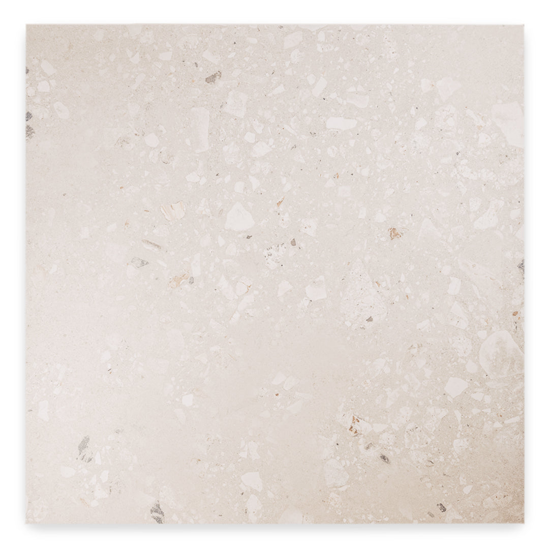 a single 36x36 porcelain terrazzo cement look tile in a griege base with light and dark flecks.