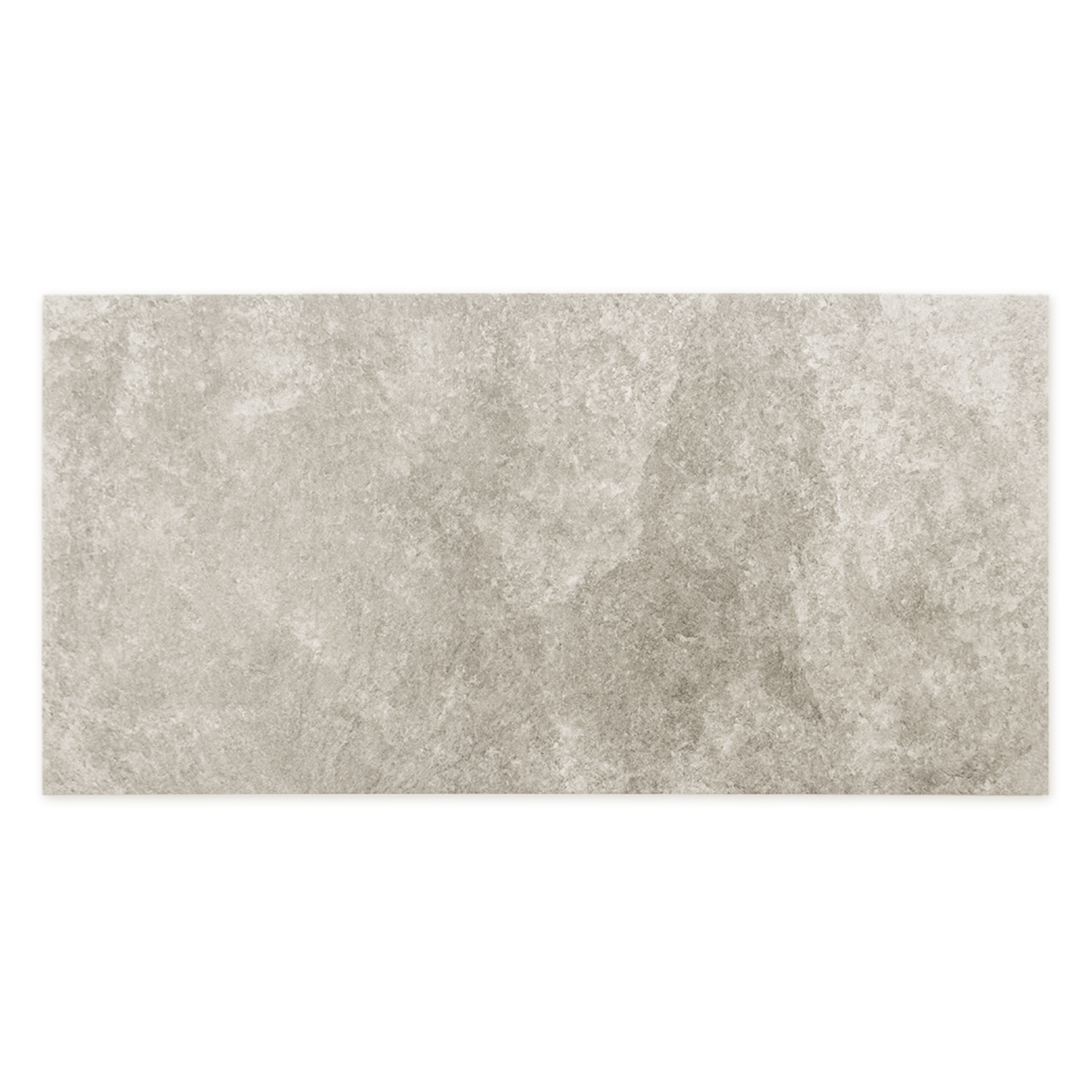 A single rectangular tile of a beige taupe stone look tile with the appearance of texture and colour variation. 