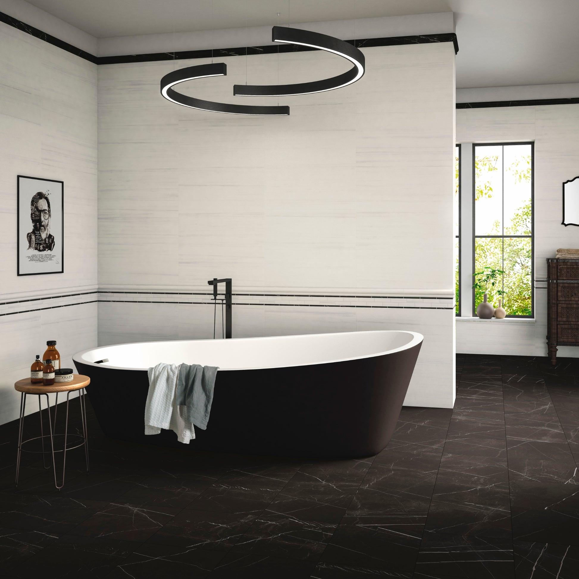 A monochromatic classy spa like bathroom with white walls, and a black soaker tub and black accents. The tiles floors are a matte black marble-look large rectangular tile.  