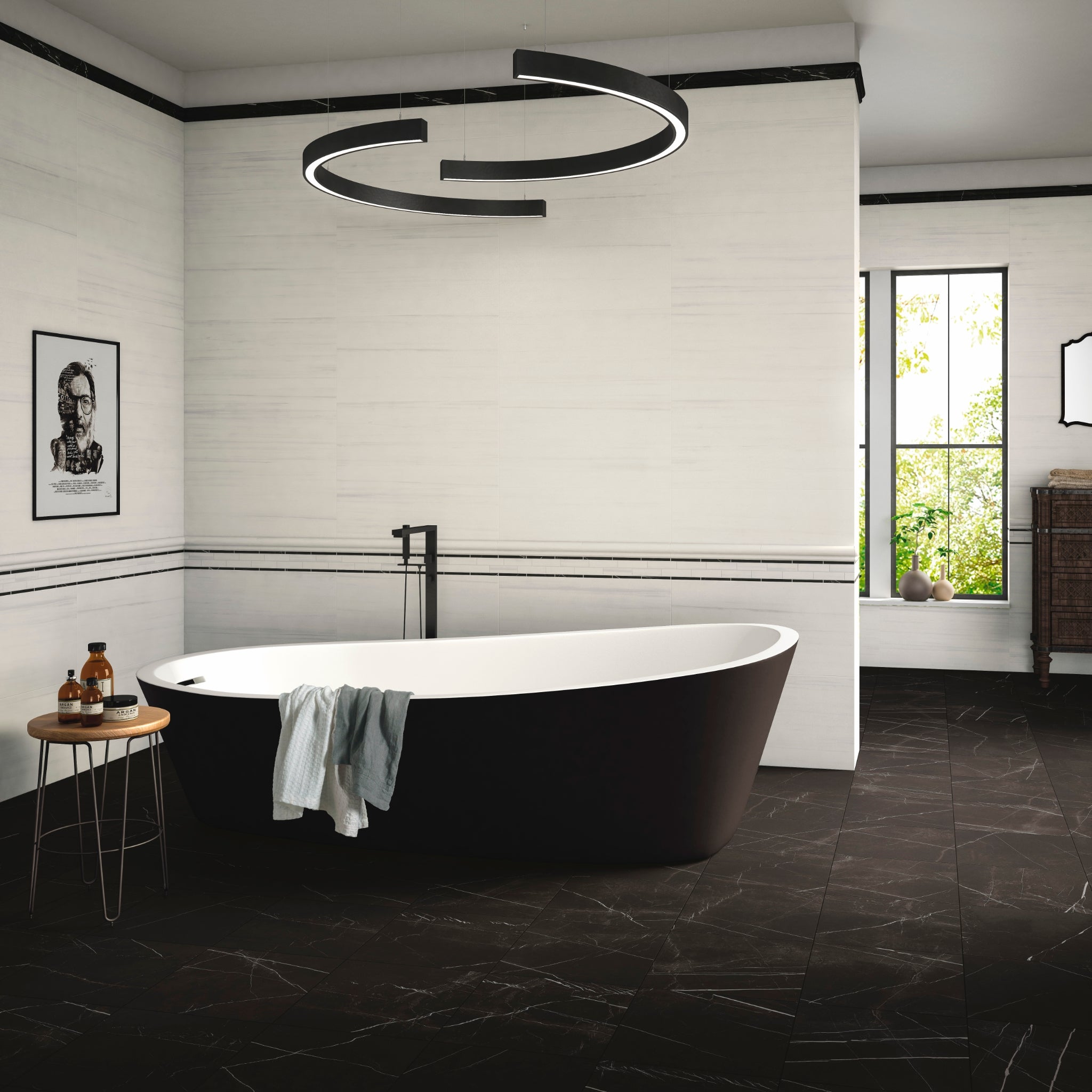 A monochromatic classy spa like bathroom with white walls, and a black soaker tub and black accents. The tiles floors are a matte black marble-look large rectangular tile.  