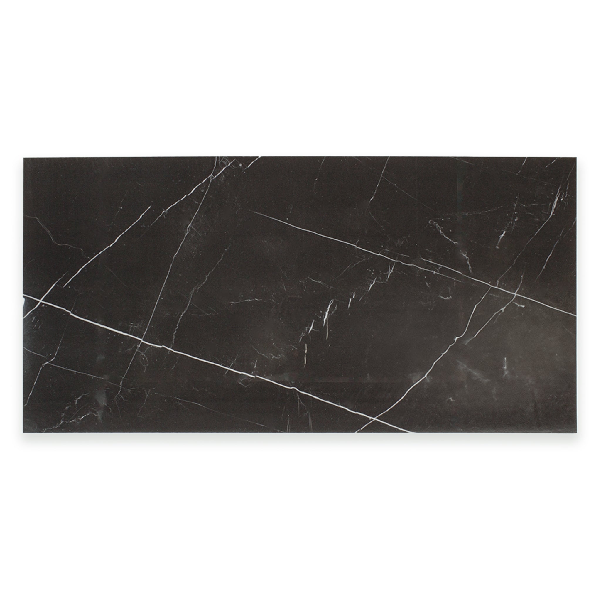 Ariel view of a single 12x24 rectangular tile in polished glossy black marble look porcelain with thin white veining. 