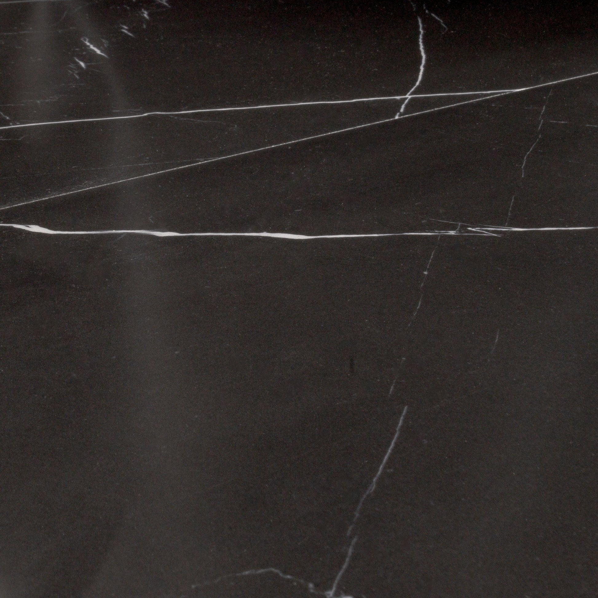 Close up angled view of a two 12x24 rectangular tiles in polished glossy black marble look porcelain with thin white veining. The veining is not meant to line up as it is random. 